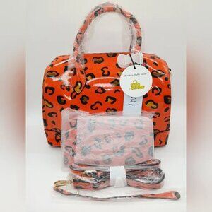 Orange Leopard Print Faux Leather Crossbody/Shoulder Satchel Handbag and Wallet